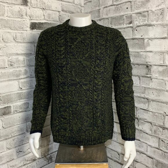 Vintage 90s Cable Knit Fisherman Chunky Sweater Large Black Olive Green Preppy - Picture 1 of 12